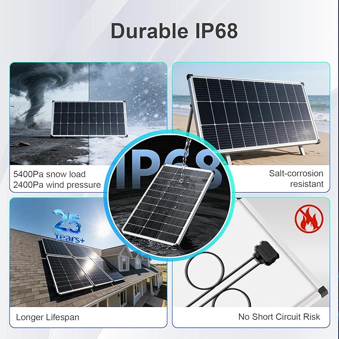Solar Panels 200 Watt, 2PCS 100 Watt Solar Panel 18V N-Type 16BB Grade A+ Cells 25% High-Efficiency, 120 Watt Peak Solar Panel for RV Marine Rooftop Farm Battery and Other Off-Grid Applications
