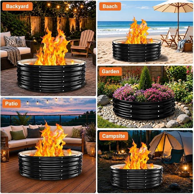 32 Inch Outdoor Fire Pit Ring, 17'' Tall Wood Burning Firepit & Fireplace for Outside, Heavy Duty Galvanized Steel Fire Pits Insert, High Heat Resistant Fire Bowl for Backyard Bonfire,Patio,Camping