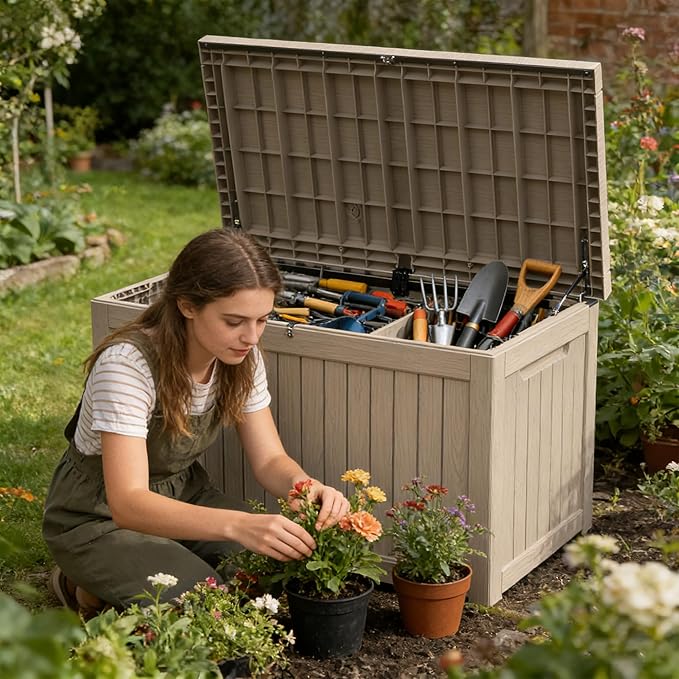 270 Gallon Outdoor Storage Box Resin Deck Box All Weather Waterproof Large Lockable Storage Container Deck Box for Patio Furniture, Garden Tools, Lockable, Gray