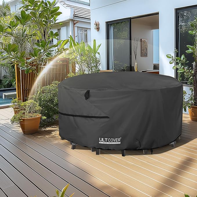 ULTCOVER Round Patio Furniture Cover - Outdoor Waterproof Table with Chair Set Cover 108 inch, Black