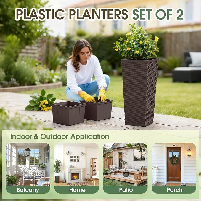 30 Inch Tall Plastic Planters(Set of 2), Detachable Inner Pot & Drainage Holes, Outdoor Decorative Flower Pots for Large Plants, Trees, Patio, and Garden, Brown