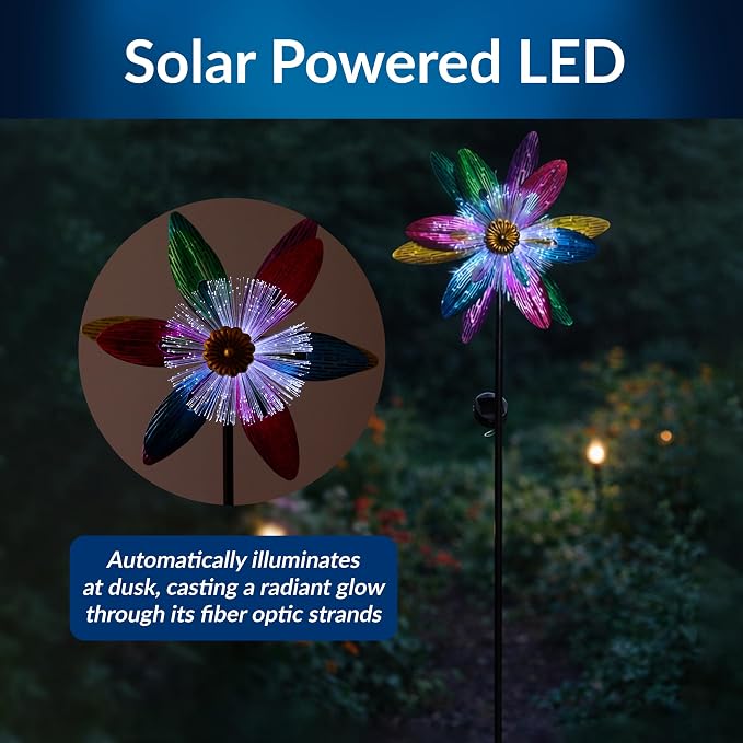 Alpine Corporation IHD144SLR Solar Flower Spinner Garden Stake with Fiber Optic LED Center, Metal Wind Spinner Yard Decor, Outdoor Solar Powered Lawn & Patio Decoration