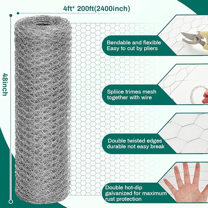 GlikCeil 48 in x 200 ft Chicken Wire Fencing Mesh, Metal Floral Chicken Wire for Floral Arrangements, 0.6 Inch Hexagonal Galvanized Poultry Netting for Garden, Coop Barrier, Duck Rabbit Cage(Silver)