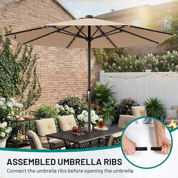 AreShark 11FT Large Patio Umbrella with Solar Lights, Lighted Solar Umbrella with Crank, Outdoor Table Market Umbrellas for Garden, Deck, Backyard, Pool and Beach, Beige