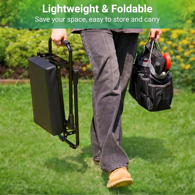 Walensee Garden Kneeler and Seat – Foldable Heavy Duty Garden Stool with Soft Leather Kneeling Pad, Removable Tool Pouch, Sturdy Steel Frame, No Assembly, Ideal Gardening Gift for Women & Men