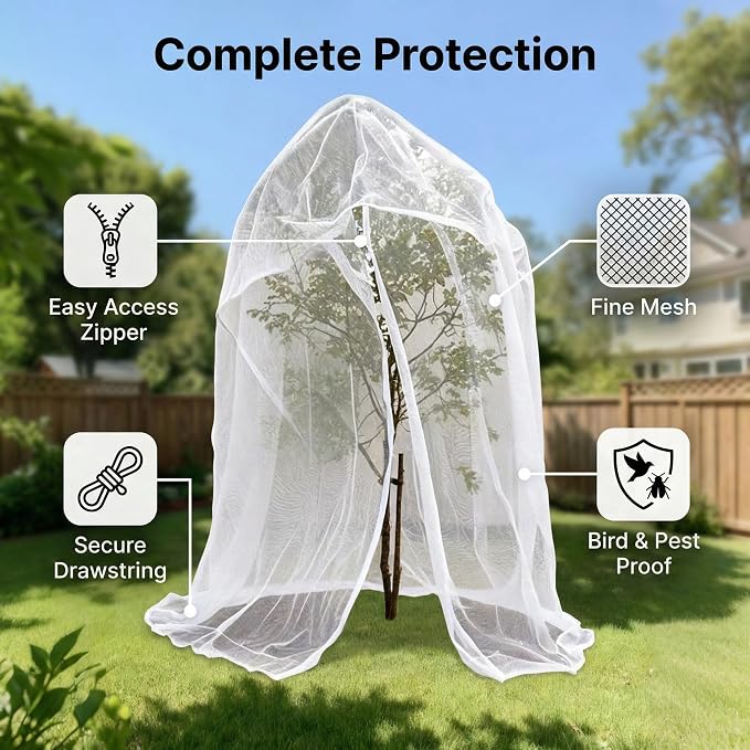 6.5x6.5x6.5Ft Extra Large Fruit Tree Netting Cover with Zipper & Drawstring, Garden Mesh Netting for Protecting Plants from Birds,Bug& Squirrels,Ultra Fine Weather Resistant Tree Netting