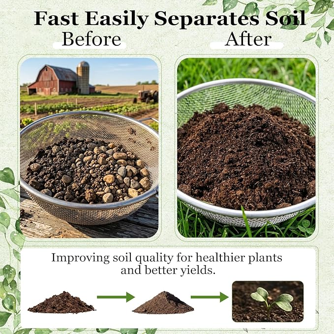 3PCS Soil Sifter for Gardening with Handles - Rock Compost Dirt Sifter for 5 Gallon Bucket, 1/4in,1/8in,3/8in Mesh Garden Sifting Screen Gravel Sawdust Vermicompost with Repotting Mat