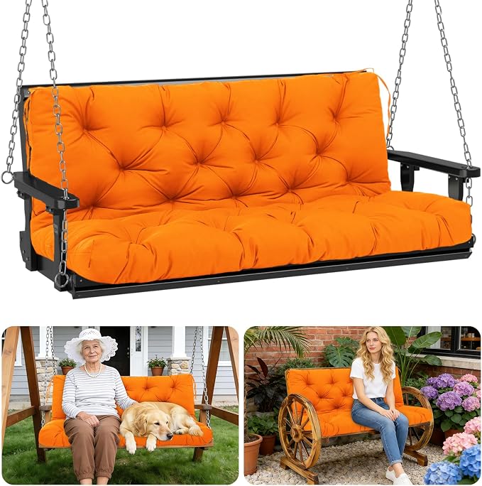 Porch Swing Cushions Outdoor 40 inch x 40 Waterproof Swing Cushions 3 Seater Replacement with Backrest & 8 Ties 5" Thick Bench Swing Cushions for Outdoor Furniture Patio(Orange)