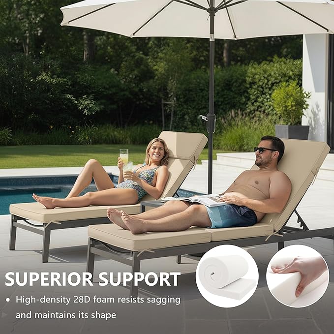 80 x 26 Inch Outdoor Chaise Lounge Cushions Set of 4 - Removable Cover, 4-Section Design, Water-Repellent & Fade-Resistant, 6 Tie Straps, Replacement for Patio & Pool Chairs - Cream