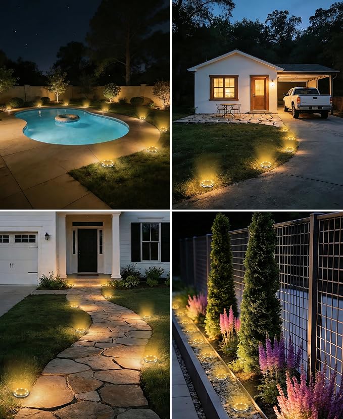 LOTMOS 20 Pack Solar Ground Lights Outdoor, 8 LED Solar Flat Lights IP68 Waterproof Disc Light, Landscape Lighting Solar Powered for Garden Yard Path Driveway Lawn Patio Walkway, Warm White