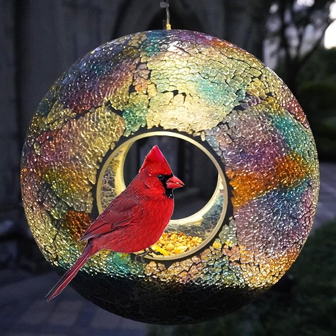Solar Fly Through Bird Feeder with Mosaic Glass – Handmade Outdoor Hanging Feeder, 1lb Capacity, Solar Lights, Weatherproof & Bird Lover Gift (9.25” Doughnut, Tesserae)