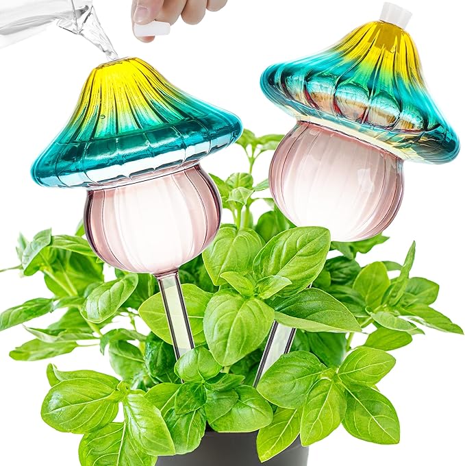 11 oz Large Plant Watering Globes, Mushroom Gradient Color Glass Watering Bulbs, Vacation Plant Watering Devices, Self Watering Globes - Self Watering Planter Insert for Travel (Large 2-Pack)