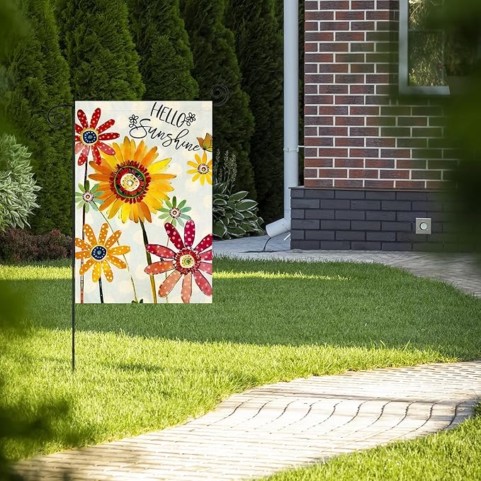 Summer Flowers Garden Flag 12x18 Inch Double Sided,Hello Sunshine Sunflower Daisy Small Yard Flags for Outdoor,Seasonal Decoration for Spring Farmhouse Holiday Outside