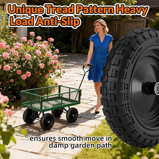 RONPOW 4.00-6 Flat Free Tire and Wheel, 13 Inch Solid Garden Wheelbarrow Tires, 300Lbs with 5/8" & 3/4" Axle Hole, 1"-3.5" Hub for Garden Cart, Wheelbarrow, Hand Truck, for Home Farm, 2Pcs Black