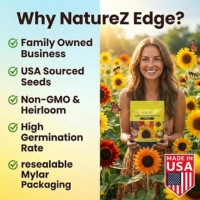 NatureZ Edge 1300+ Sunflower Seeds Garden Variety Pack, Bulk Sunflower Seeds for Planting Flowers, Get More Sunflower Seeds to Plant, Mammoth, Dwarf, Lemon Queen, Giant and More. 2oz Packet