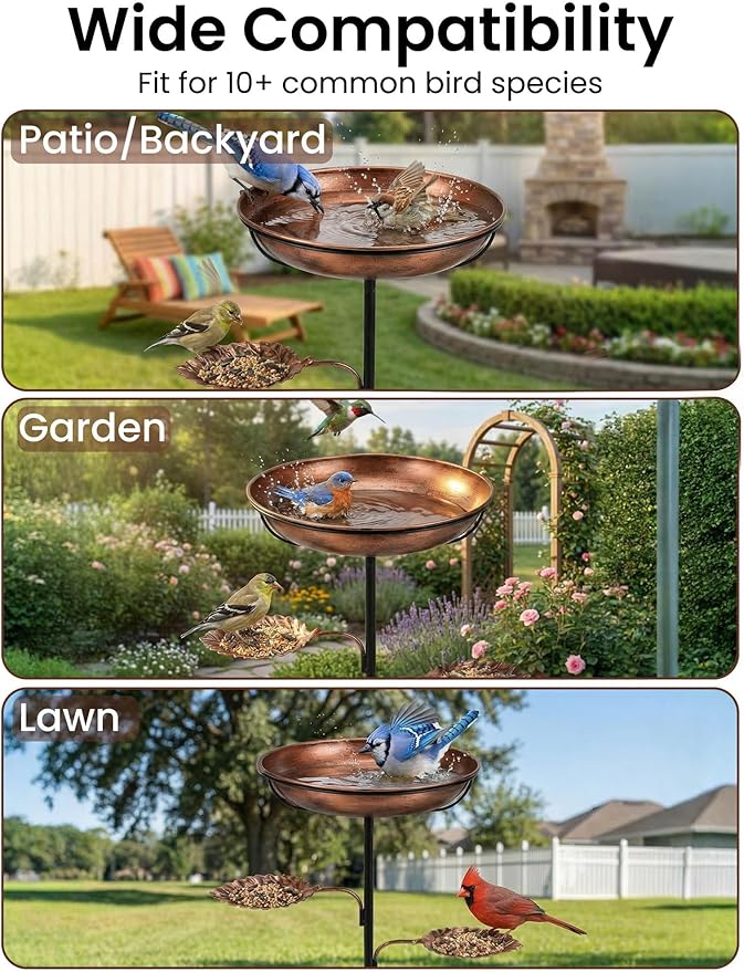 36" Metal Bird Bath & Feeder - Rust-Resistant Antique Design, Ultra-Stable 5-Prong Base & Detachable Easy-Clean Bowl - Tool-Free 3-Min Assembly Garden Decor for Outdoors, Patio, Backyard