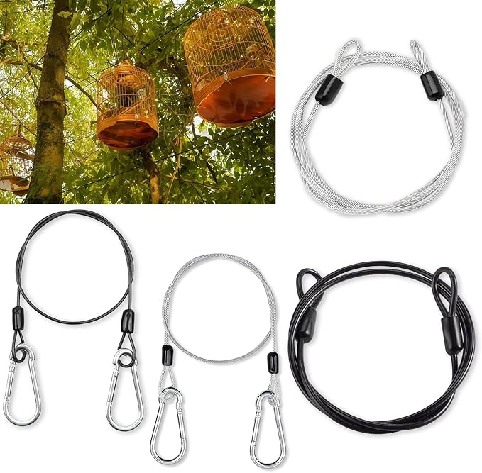4PCS 39.3" & 73.6" Bird Feeder Hanger for Tree with Carabiner Clip, Stainless Steel Rope with Carabiner Clip, Flexible Steel Cable with Carabiner Hook for Outdoor Decor, Garden & Patio, Black & Silver