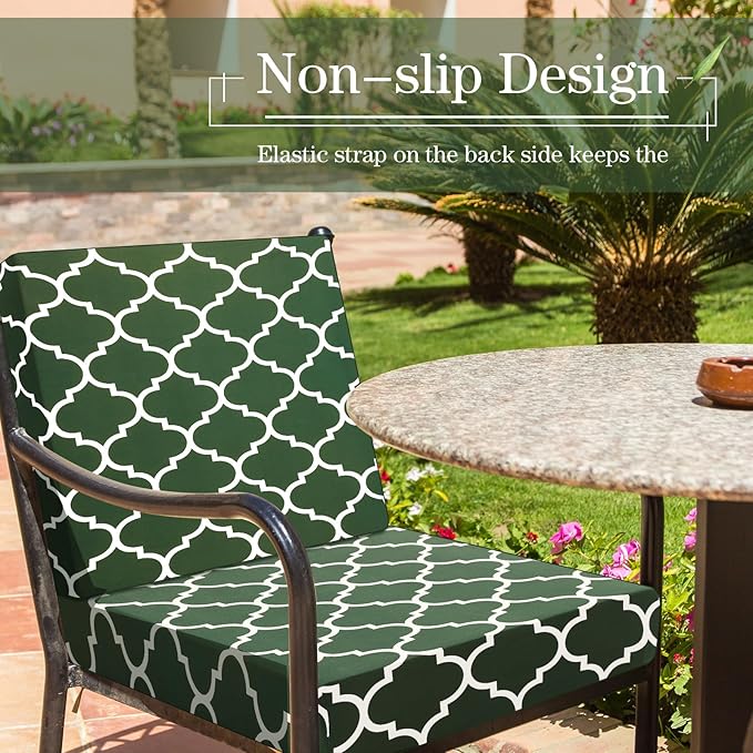 Newwiee 4 Pcs Waterproof Outdoor Cushion Covers for Patio Furniture Stretch Outdoor Couch Cushion Covers Replacement Moroccan Pattern Chair Seat Sofa Slipcovers Soft Flexibility Protector(Dark Green)