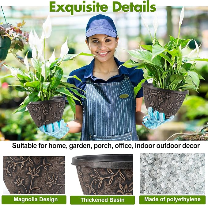Nooulap 12 Inch Pots for Plants with Drainage, Large Plastic Flower Pots Outdoor Indoor, Decorative Planters with Gold Flower Pattern for Home, Porch, Balcony & Garden (Retro Brown)
