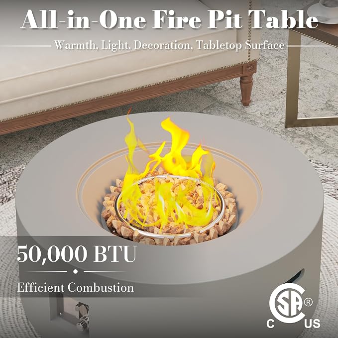 32.5 Inch Propane Fire Pit Table, 50,000 BTU Round Patio Fire Pit Table Outdoor, CSA Certified, Stainless Burner with Steel Lid, Waterproof Cover & Lava Rocks, for Garden Backyard, Gray