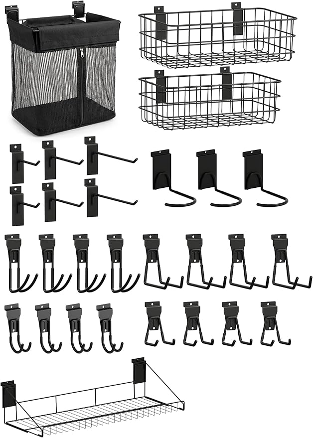 Smartstandard 29PCS Slatwall Accessories, Includes 3PCS Bike Hooks, 2PCS Wall Baskets, 1PC Shelf, 1PC Large Mesh Storage Bag and 22PCS Multi Shapes(J/U/Straight) Hooks, Accessory for Sports