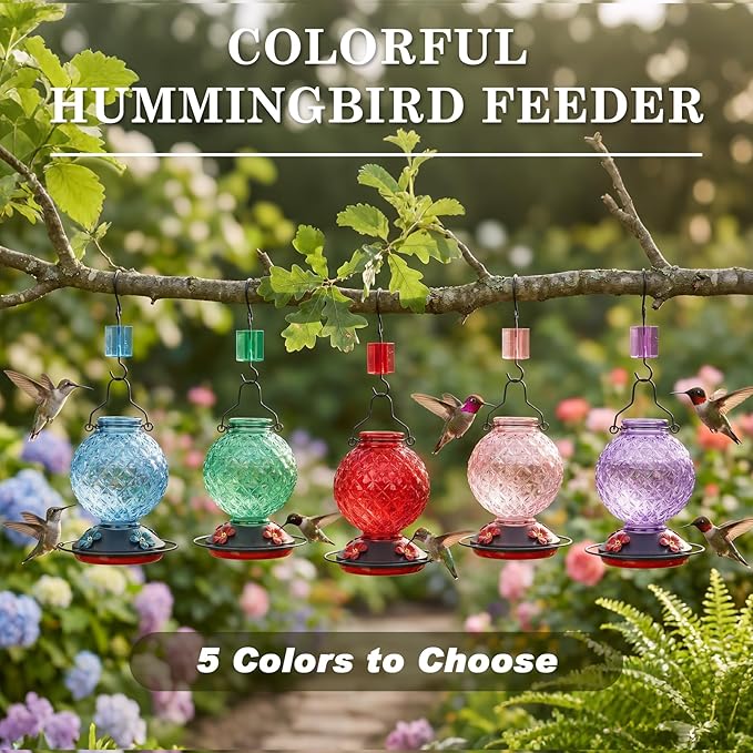 25 OZ Glass Hummingbird Feeder for Outdoors, Leak Proof Hummingbird Feeder with Ant Moat, 4 Bee Resistant Feeding Ports, Easy Clean Wide Mouth Design, 360° Perch, Purple