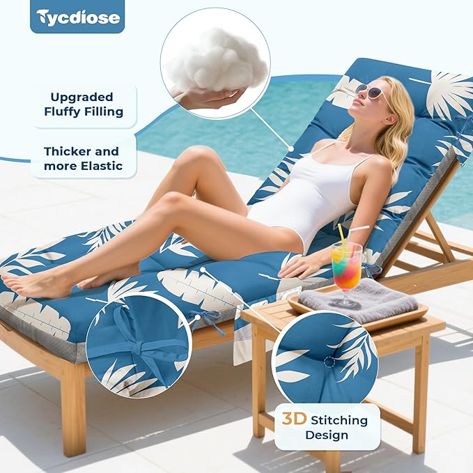 Outdoor Chaise Lounge Chair Cushion, 71 x 22 x 4.7 Inches Waterproof Chaise Lounge Cushions Replacement for Outdoor Furniture, Thickened Non-Slip Patio Lounge Chair Cushions, Blue Leaves