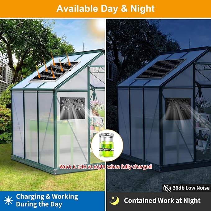 25W Metal Frame Solar Powered Fan with Battery, IP65 Waterproof Solar Exhaust/Intake Fan for Chicken Coop, Greenhouse, Dog House and Shed, Low Noise