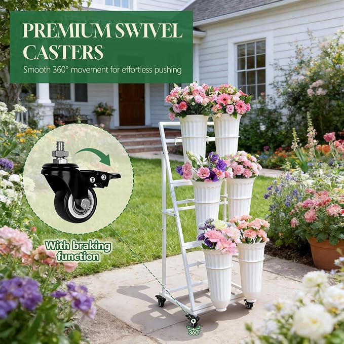 3FT Flower Display Stand with 6 Buckets,Metal Flower Bar Stand with Wheels,3 Layers Moving Florist Bouquet Shelf for Indoor Outdoor Garden,Flower Shop,Wedding,Party Decor (WHITE)