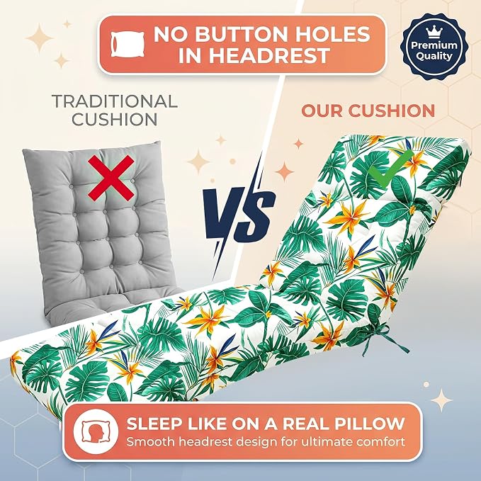 MAGIC ELEPHANT Chaise Lounge Cushion Outdoor, Memory Foam Patio Lounge Chair Cushion with Ties for Outdoor Furniture, 74 x 22 x 4 Inch (Tropical Monstera)