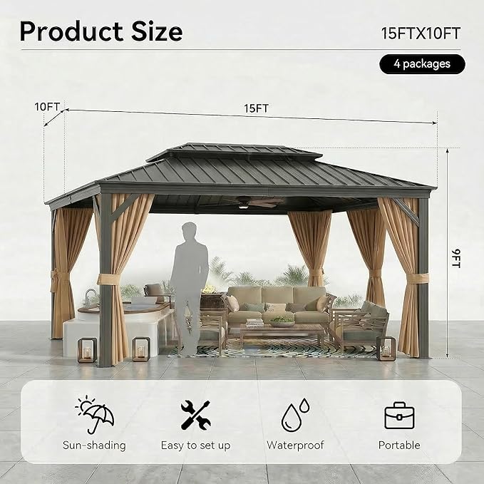 HOTEEL 10x15 Hardtop Gazebo On Clearance with Galvanized Steel Double Roof,Heavy Duty Gazebo with Flame-Retardant Curtain & Netting, Permanent Pavilion Outdoor for Patio, Frame Thickened, Brown