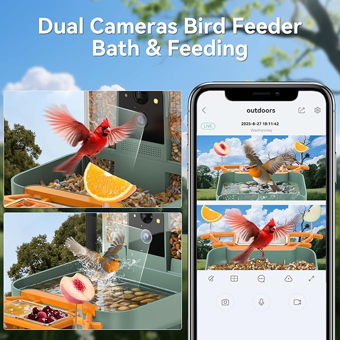 Dual-Lens Bird Feeder with Camera & Bird Bath Combo, Watch Birds Eat & Bathe with WiFi 2K HD Video, Auto Record, AI Recognition, APP Alerts, Solar Powered, for Backyard Garden Porch Fence Decor