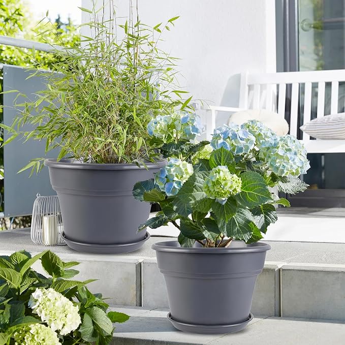 Myfeegoin 8-inch-Plant-Pots-Indoor-Outdoor, 4 Pack Plastic Planters with Drainage Holes & Saucers, Resin Flower Pots with Trays, Classic Garden Pot Container for House