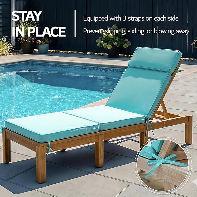80 x 26 Inch Outdoor Chaise Lounge Cushion - Removable Cover, 4-Section Design, Water-Repellent & Fade-Resistant, 6 Tie Straps, Replacement for Patio & Pool Chairs - Light Blue