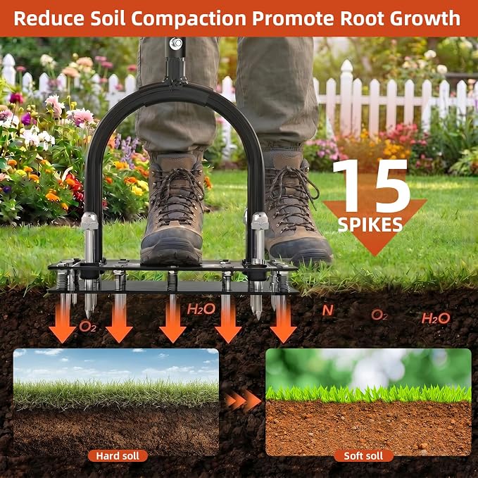 GAINO Manual Lawn Aerator Tool with 15 Spikes, 32"-35" Adjustable T-Handle Aerator for Lawn, Automatic Dirt Ejection Design, Heavy Duty Yard Grass Aerator for Soil Compaction, Black