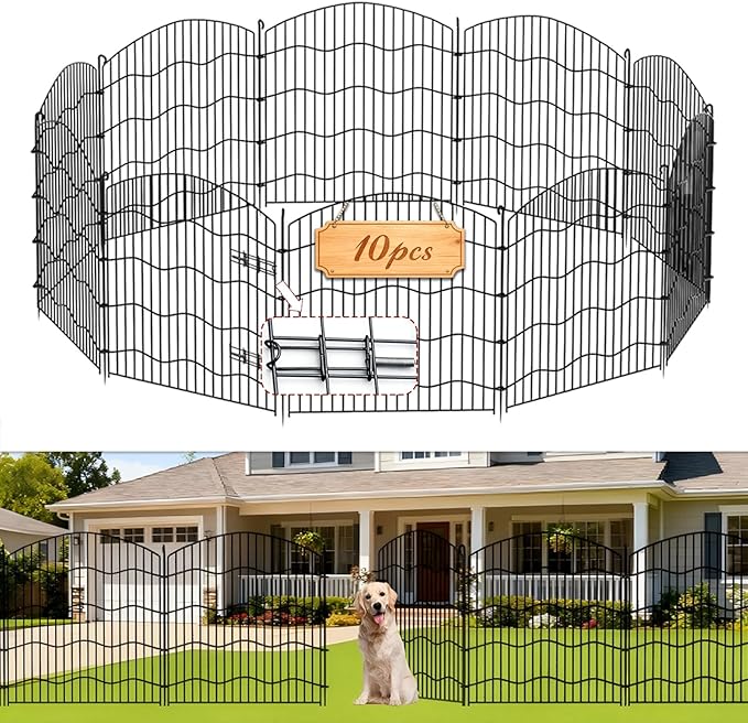 10-Panel No Dig Garden Fence, 31in(H) x24ft(L) Black Metal Animal Barrier, Dog Fence Outdoor for Yard, Temporary Decorative Fencing Border for Rabbits, Patio