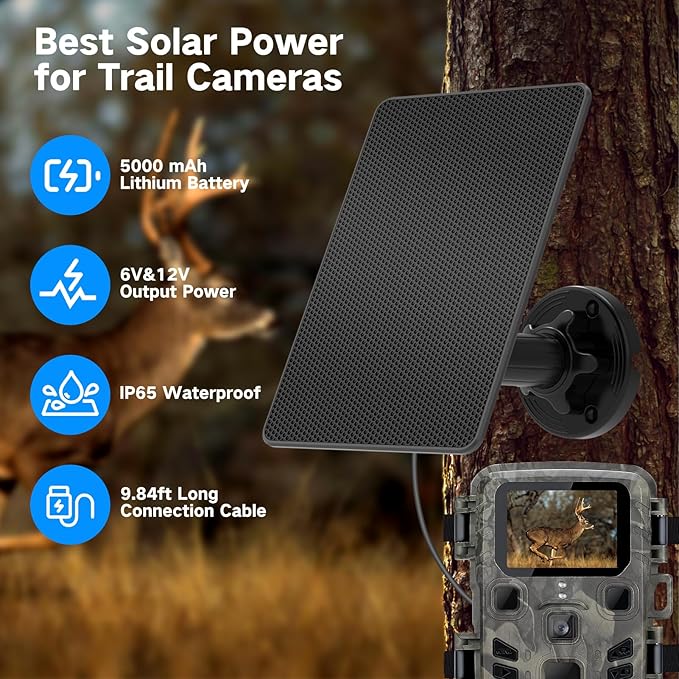 Trail Camera Solar Panel, Trail Camera Solar Panel with Built-in 5000mAh Large-Capacity Rechargeable Battery - Output 5V/6V, IP66 Waterproof Hunting Accessory Game Cameras Solar Charger