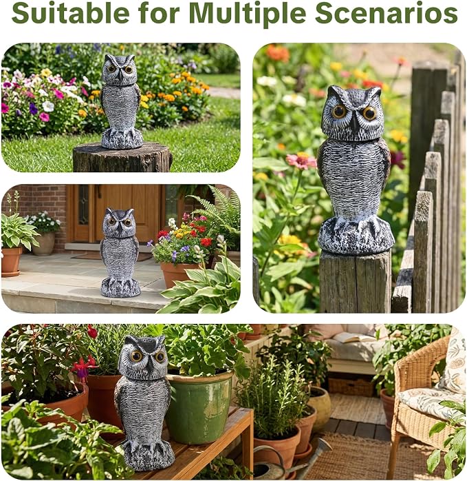 OFFO 3 Pack Fake Owl, Owl Statue for Garden and Yard Decoration, Weatherproof Plastic Rotating Head Outdoor Owl Decor for Porch Pool Patio Yard, 10-Inch Height, Round + Long + Short Ear Owl