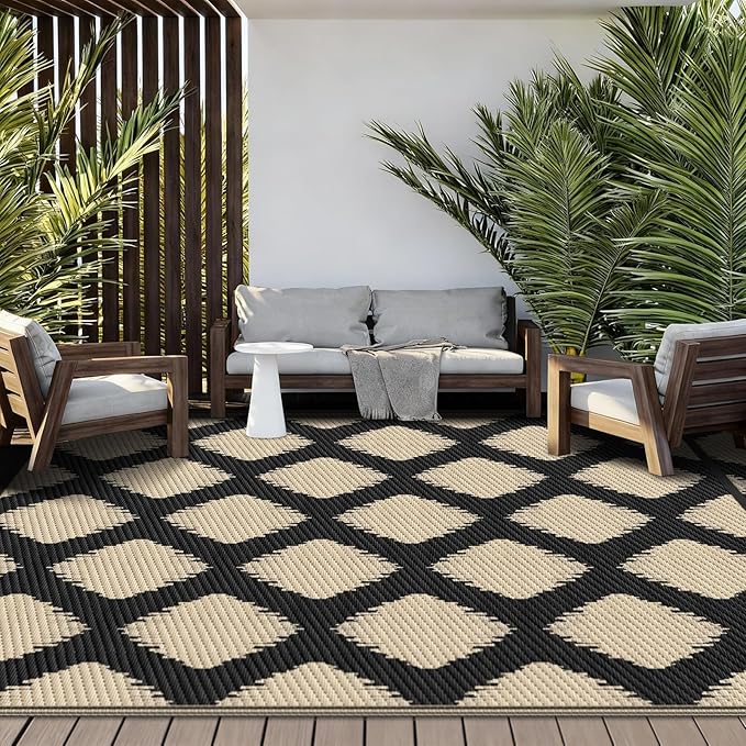 COOLTOP 9'x12’ Outdoor Rug for Patios Porches, Waterproof Plastic Camping Rugs, Modern Reversible Mat, Large Area Rugs for Backyard, Deck, RV, Balcony, Picnic, Beach, Black & Beige
