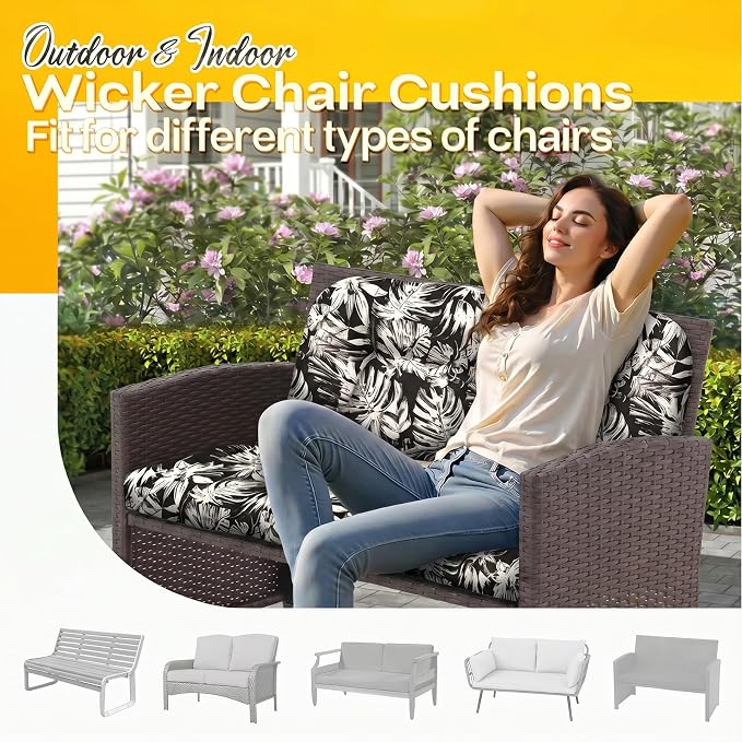MAGIC ELEPHANT Outdoor Bench Cushion, Memory Foam Loveseat Cushion for Patio Furniture Wicker Chair, Settee Porch Swing Seat Cushion, 44 x 19 Inches (Black Monstera)
