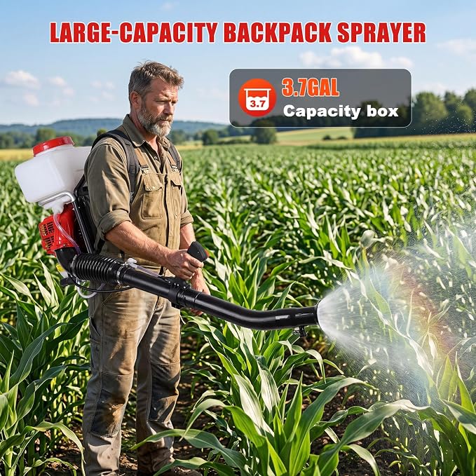 43cc Backpack Sprayer, Fogger Machine, Powder Duster, Adjustable Spray & Powder Modes, 3.7 Gallon Tank, Powerful Engine Pest Eliminator Outdoor Garden Farm Power Foggers for Outdoor (Red)