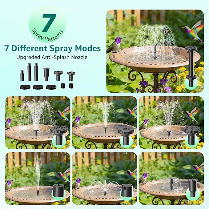 Solar Fountain Pump with Battery Backup, 7.5W Solar Water Pump Built-in 3000mAh Battery, Dual-Layer Nozzles 7+ Spray Modes & 5Ft PVC Tubing, Pond Fountain for Bird Bath Garden Water Feature