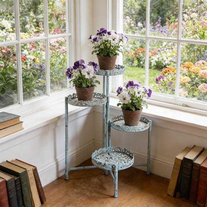 4 Tier Vintage Corner Plant Stand for Indoor Outdoor Distressed Metal Flower Pot Holder Shelves with Ornate Cutout Edges Multi-Level Planter Rack Display Corner Shelf Antique Foldable Tall Plant Shelf for Patio Porch Garden Balcony Living Room (Blue)