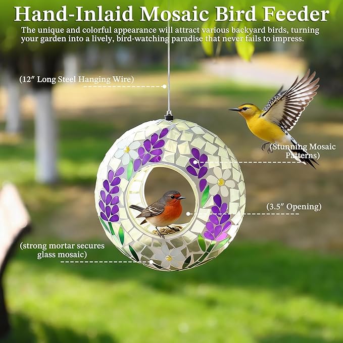 SAVENNA Mosaic Glass Hanging Bird Feeder, 6.3 Inch Handcrafted Outdoor Feeder with Steel Wire Rope, Decorative Garden & Patio Feeder for Wild Birds, Lavender Floral Mosaic Design