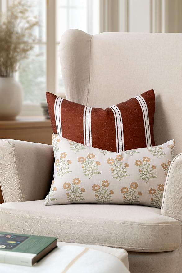 Crumbs Home Modern Farmhouse California Casual Indoor Outdoor Throw Pillow Cover, 20"x20" Water Repellent for Patio, Backyard, Couch, Poolside, Rust Orange White Embroidered Stripes