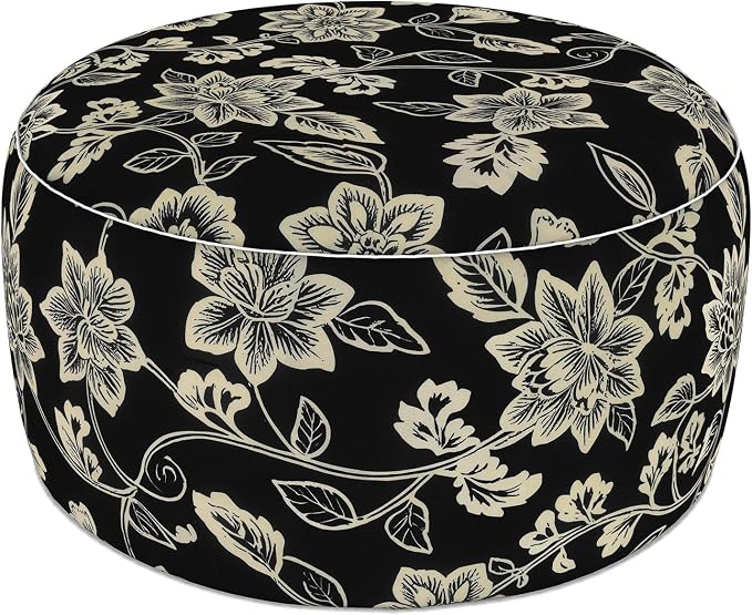 LVTXIII Indoor/Outdoor Large Inflatable Ottoman Pouf D31 x H14 Inch, Round Footstool with Handle, Weather-Resistant Portable Furniture for Patio, Camping, Beach, Elegant Vines Black