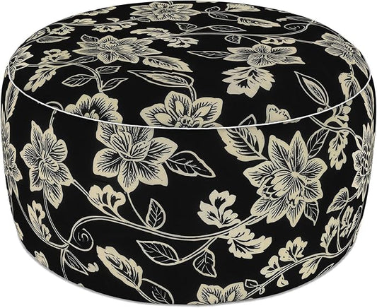 LVTXIII Indoor/Outdoor Large Inflatable Ottoman Pouf D31 x H14 Inch, Round Footstool with Handle, Weather-Resistant Portable Furniture for Patio, Camping, Beach, Elegant Vines Black