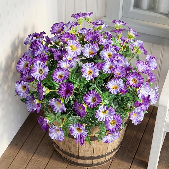 Dark Purple Artificial Morning Glory Flowers for Outdoor Planters, Premium UV Resistant Silk Faux Flowers for Porch, Hanging Basket & Window Box, Elegant Garden Decor, No Pot, 13.3 Inch, 8 Bundles