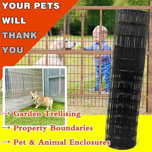 Welded Wire Fence 48inx50ft, 16GA, Mesh Size 2" x 3" Black Hardware Cloth, Chicken Wire Fence, PVC Coated Garden Border Fencing, Vinyl Coating Metal Wire Mesh for Yard, Dog Vegetable, Plant