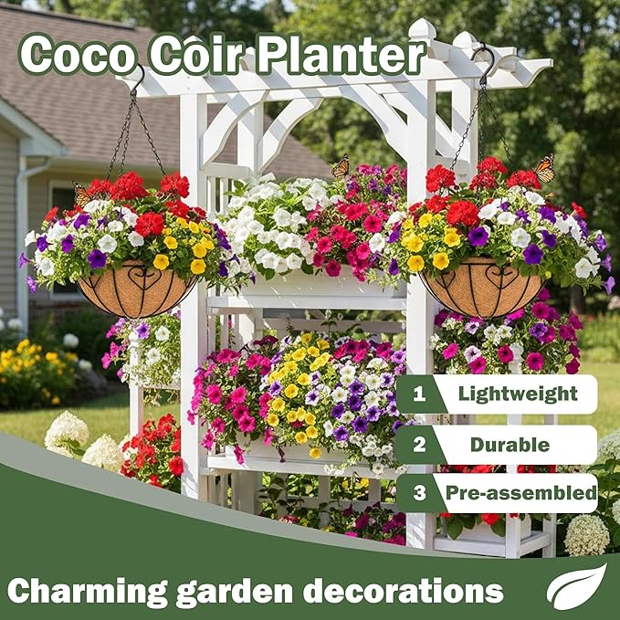 4 Pack 14 Inch Hanging Metal Planters for Outdoor Plants, Modern Black Solid Rectangular Hanging Baskets with Coco Coir Liner
